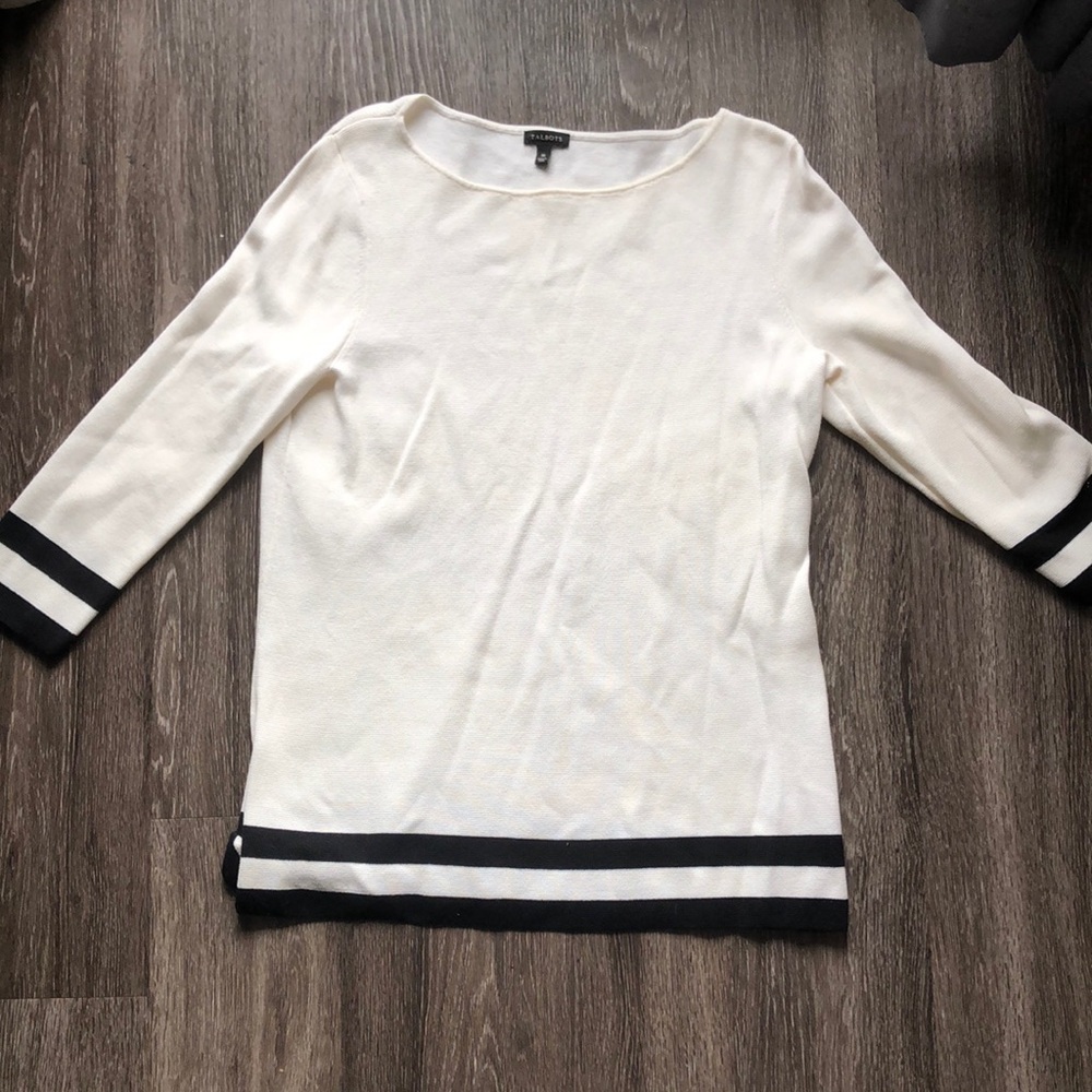 Talbots Classic White Sweater with Black Trim | Nautical Style | 3/4 Sleeve